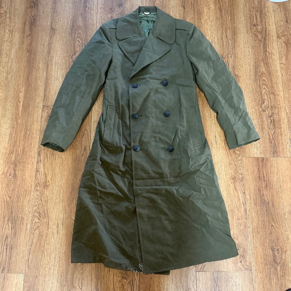 Vintage 70s Military Overcoat Mens 38L Trench Coat Green Serge 100% Wool USMC
